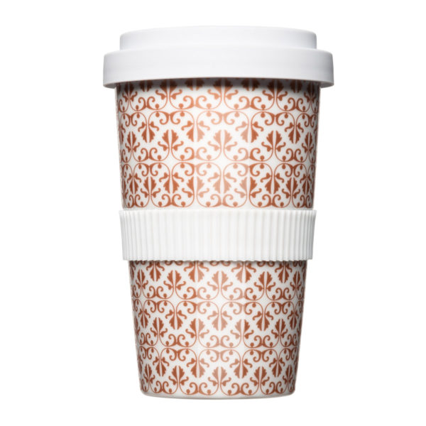 Der Coffee2Go Mehrwegbecher aus Porzellan mit elegantem Bronze Pattern Muster