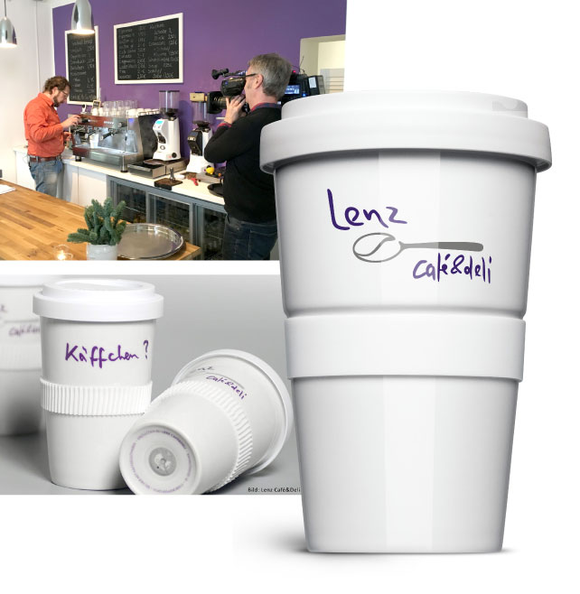 Coffee-to-go Becher mit RFID-Chip für das Café Lenz und Deli